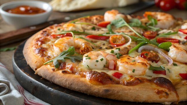 Seafood Pizza Feast: A close-up shot of a delectable seafood pizza, bursting with flavors. Perfect for culinary or gastronomic projects, showcasing a mouthwatering food delicacy. - Powered by Adobe