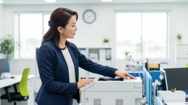 Businesswoman using printer in a modern office setting showcasing office productivity and