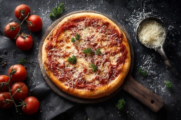 Classic Neapolitan Pizza Margherita with Fresh Tomatoes and Grated Cheese on Dark Surfac