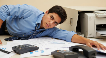 Stressed businessman lying on office desk surrounded by papers, printer, calculator, and phone during busy workday