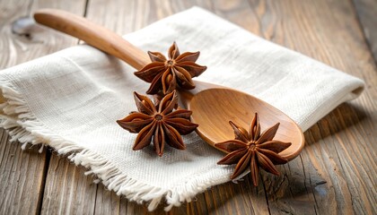 Star anise on wooden spoon, cream cloth, rustic wood