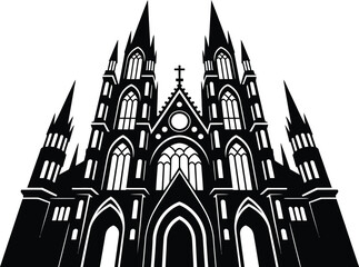 Black and White Gothic Cathedral Silhouette with Cross