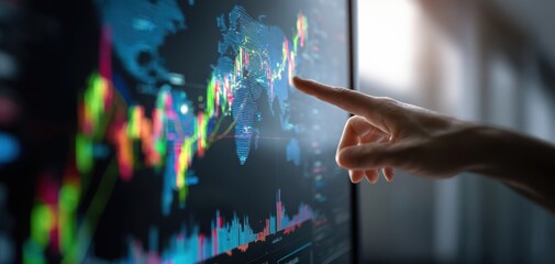 The hand interacting with a digital finance analysis display on a screen.