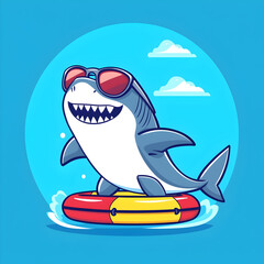 A happy shark wearing sunglasses on a life preserver.  Cute cartoon style