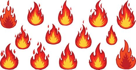 Crayon drawn red fire flames icons collection,