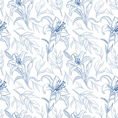 Floral pattern with lilies in line style. Vector illustration