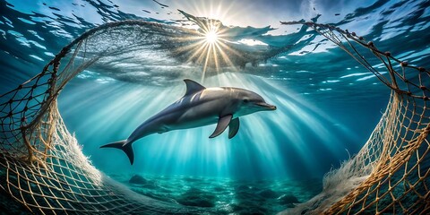Dolphin swimming through a fishing net in sunlit ocean waters