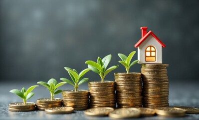 A miniature house sits atop a stack of gold coins, symbolizing financial growth and investment in real estate.  Surrounding it are small plants growing from smaller stacks of coins, visually represent
