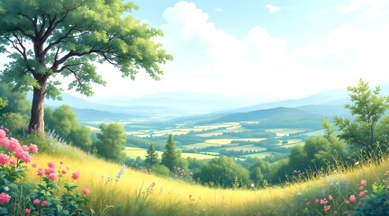 create a serene landscape scene in watercolor style, set against a beautiful distant view