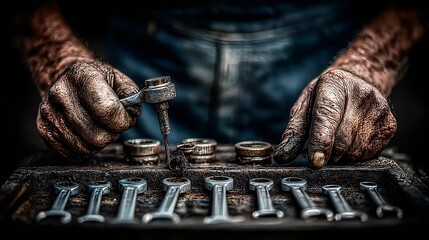 Mechanic's hands with tools arranged in a row on a dark workbench.