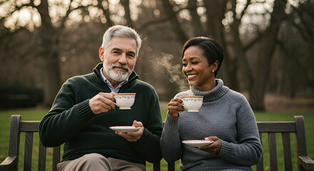 Couple enjoying tea outdoors