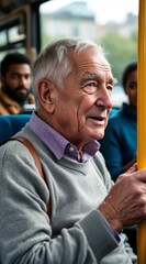 Obraz premium Senior man riding public transportation looking thoughtfully out the window.