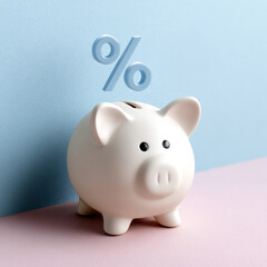 Obraz premium Piggy bank with percent symbol on pastel background.