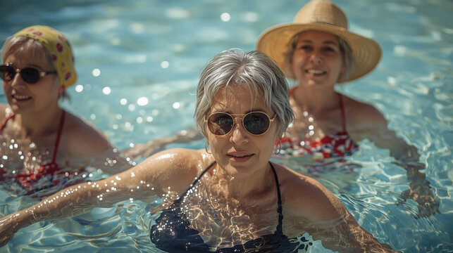 Elderly women enjoying the hot summer day in the pool