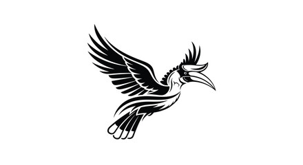 Stylized flying hornbill illustration in a black and white tribal art style. Graphic logo concept representing freedom and nature.