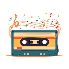 A vintage cassette tape with musical notes emanating from it, representing sound.