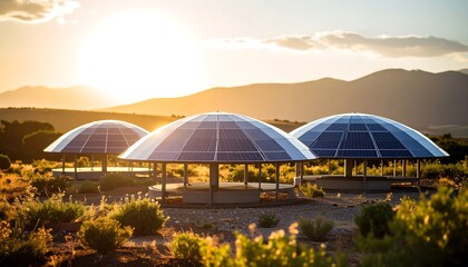 Solar Panel Shelters at Sunset in Desert Landscape
