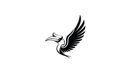Elegant hornbill bird icon with spread wing. A stylized black and white logo concept for nature and freedom.
