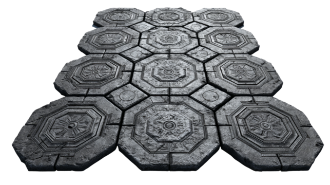 Octagonal paving stones form a gray tiled platform.