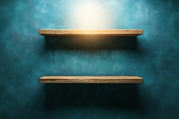 Two empty wooden shelves on a textured teal wall with soft lighting overhead