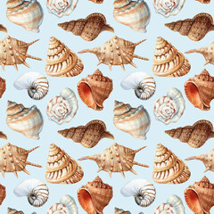 Seamless watercolor pattern with ocean conch spiral seashells in brown beige and white natural beach tones