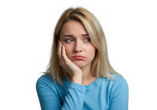 Portrait of a blonde woman with a sad expression on her face on transparent background
