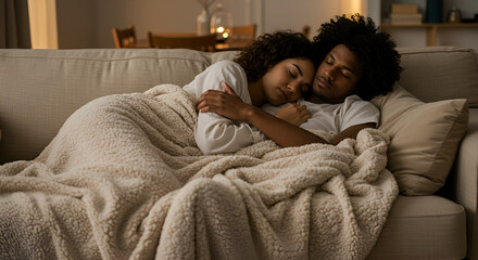 Couple sleeping cuddled on a couch