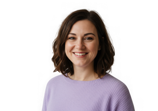 Portrait of a woman smiling wearing a lavender colored sweater on transparent background