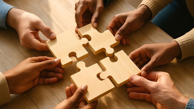 Diverse hands collaborate to assemble a wooden jigsaw puzzle symbolizing teamwork and unity