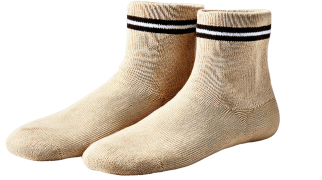 Cozy Comfort: A pair of soft, neutral-toned socks, perfect for lounging at home, a symbol of simple comfort and relaxation. - Powered by Adobe