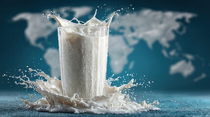 World Milk Day celebration concept with splash and glass of milk, global dairy event graphic for health, marketing, ads