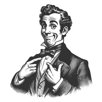 confident Victorian-era man in formal attire, smiling smugly proudly pointing at his bow tie sketch engraving fictional character vector illustration. Scratch board. Black and white.