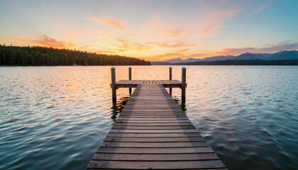 Obraz premium A wooden dock extends onto a calm lake at dawn, reflecting the vibrant gradient sky and distant mountain range, illustrating a peaceful nature scene for travel or relaxation.