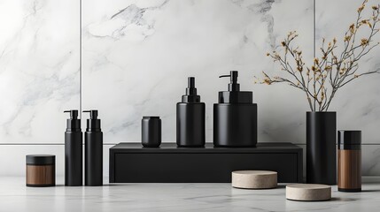 Elegant Black Bathroom Accessories on Marble Surface with Dried Branches in Vase