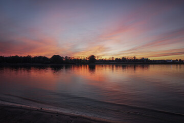 last sunset light of red sunset. view of volkhov river, velikiy novgorod, russia