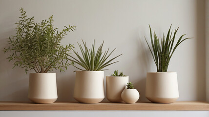 Indoor plant shelf. Wooden shelf with hoseplants in ceramic pots.	