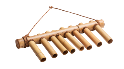 Bamboo musical instrument with string hanging transparent background.