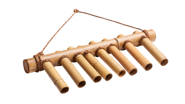 Bamboo musical instrument with string hanging transparent background.