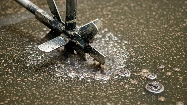 Mechanical paddle rotates in flocculation tank for water treatment process observation at facility