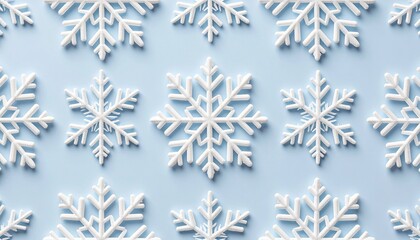 A scattering of intricate white snowflakes floats against a soft blue background—evoking winter wonder, delicate symmetry, and seasonal serenity.