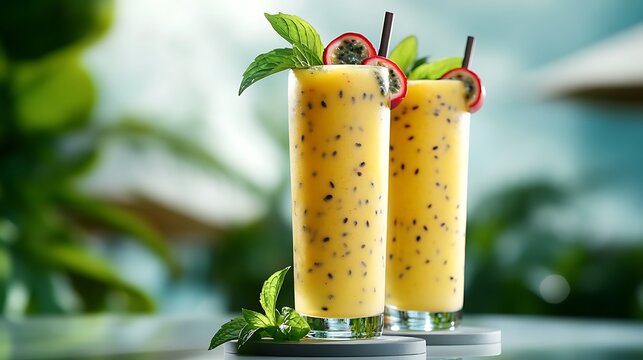 Two passion fruit cocktails garnished with fresh mint and passion fruit slices on coasters