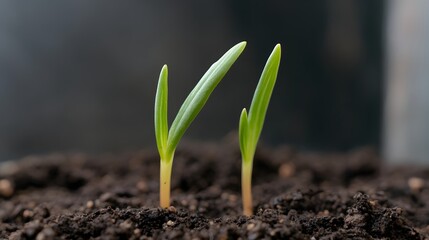 Two vibrant green seedlings emerge from rich dark soil signifying new life and growth