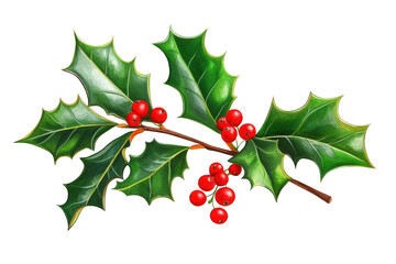 Watercolor illustration of a holly branch with vibrant green leaves and bright red berries isolated on transparent background