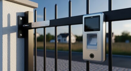 A modern access control system with fingerprint scanner mounted on a black metal gate