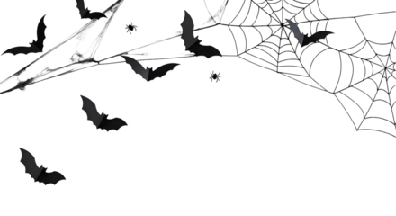 Bats flying near spider webs on transparent background