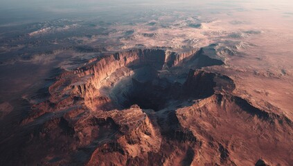 High-angle view of a vast, arid landscape with a large, dark crater