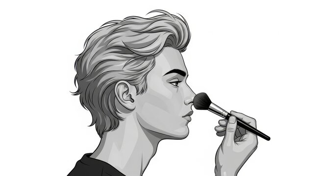 A stylish young man applies makeup with a brush to his face in this black and white illustration - Powered by Adobe