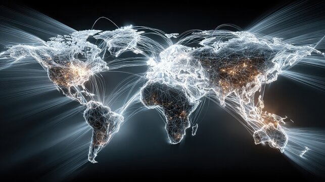 Abstract map globalization with glowing world network lines, digital connection concept for business, tech, and data design