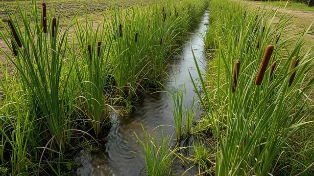 Explore the beauty of a bio swale with swaying plants and flowing water in a serene setting