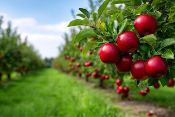 Harvesting Fresh Red Apples in Lush Orchard, Nature Photography, Sunny Day View